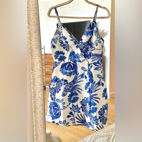 NWT Farm Rio Blue & White Linen Floral Birds Dress Size Small - Picture 7 of 11